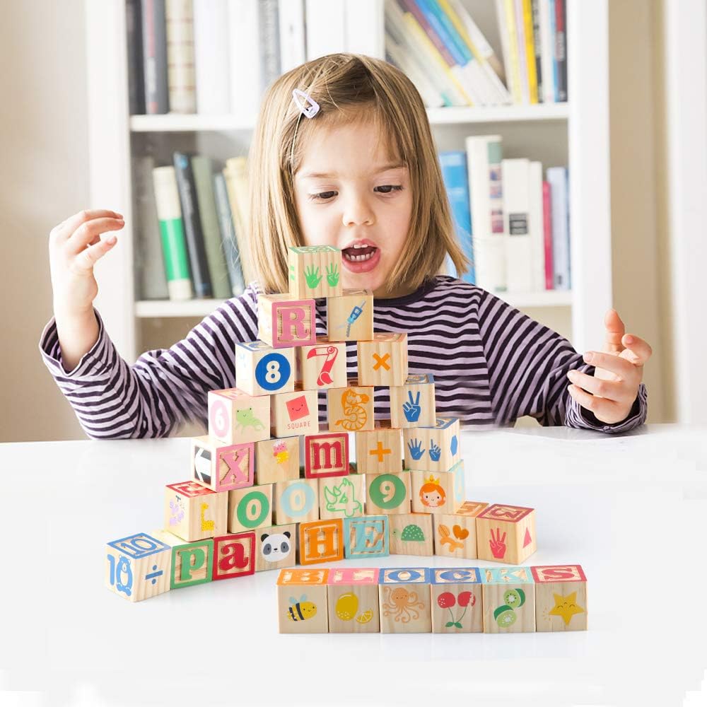 Bloques de construcción de juguete ABC de madera para niños pequeños de 1 a 3 años, 36 bloques de números del alfabeto de madera para apilar, aprendizaje preescolar, juguetes sensoriales