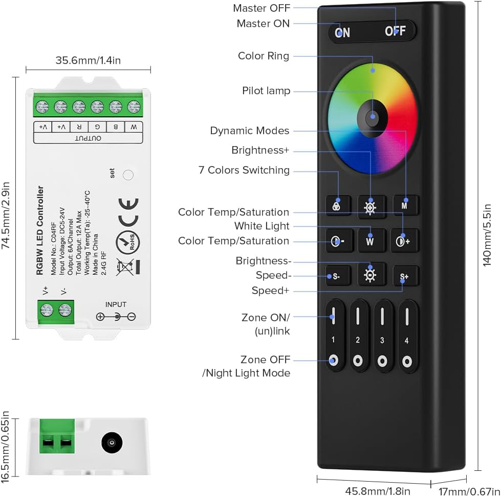 BTF-LIGHTING 5050SMD FCOB COB RGBW RF Remote RC03RFB & C04RF Tuya Controlador de Kit de 4 Zonas RF 2.4GHz Control Remoto Inalámbrico de Grupo PWM(+ R G B W) Tira de LED de 5 pines DC5V DC12V DC24V