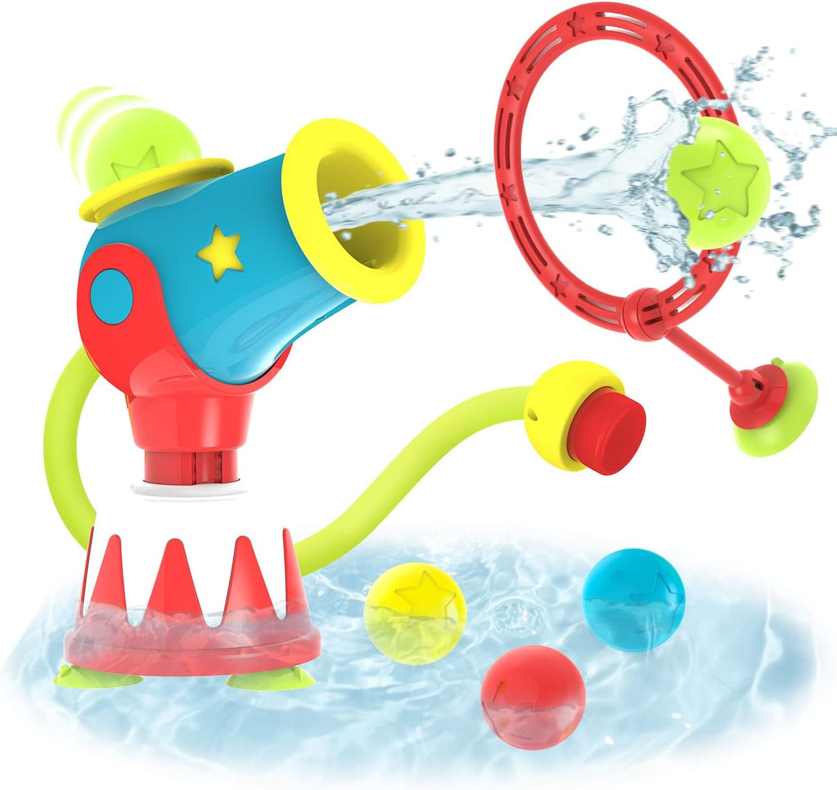 Yookidoo Juguetes de baño para niños pequeños (de 4 a 8 años) – Lanzador de bolas de cañón de agua – Ventosas para cualquier bañera o ducha – Incluye 5 bolas y aro para disparar – ¡Convierte la hora