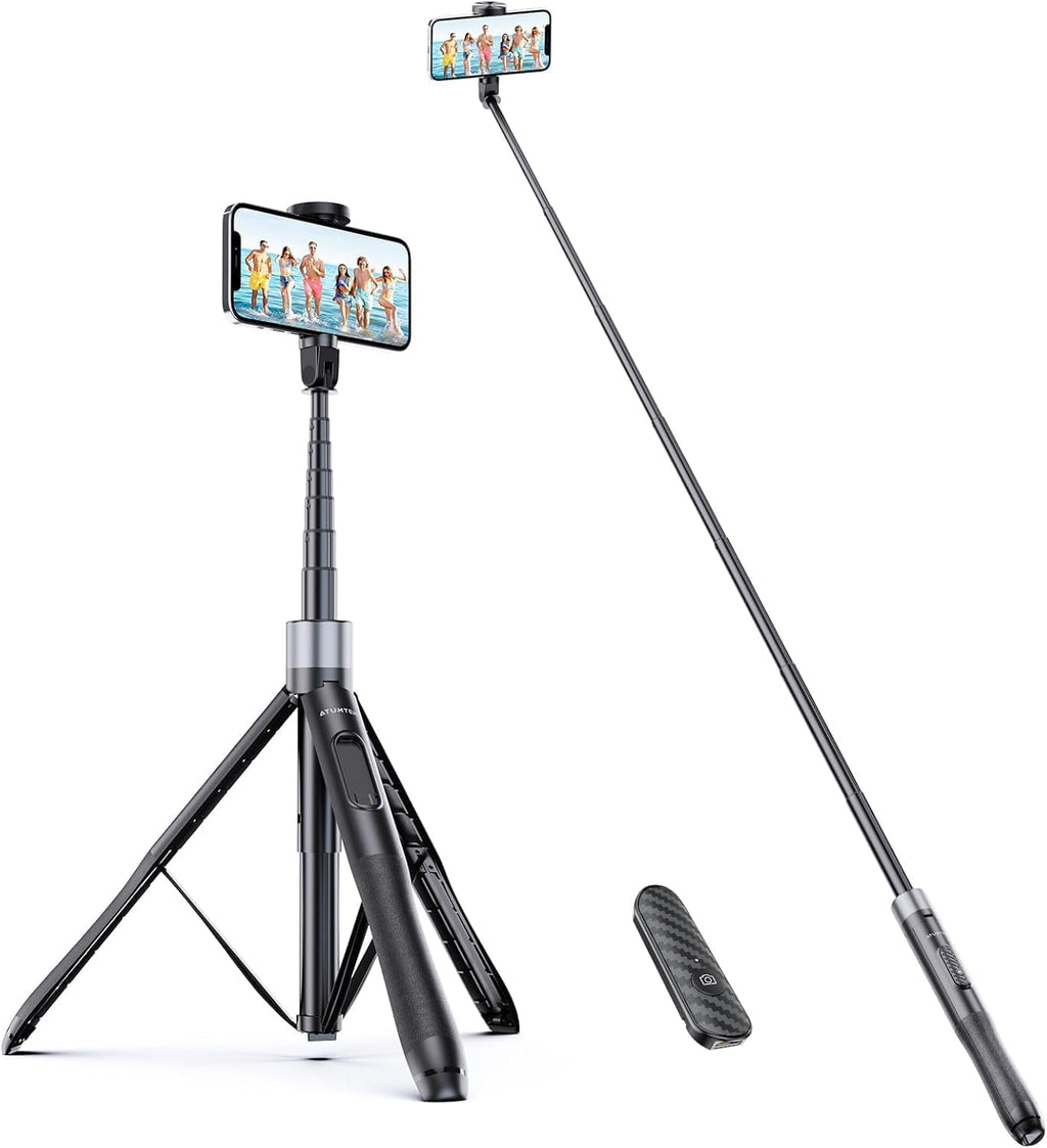ATUMTEK Trípode para selfie stick de 60 pulgadas, todo en uno, extensible con control remoto Bluetooth, rotación de 360° para iPhone y Android, grabación de video, vlogging, transmisión en vivo, color negro