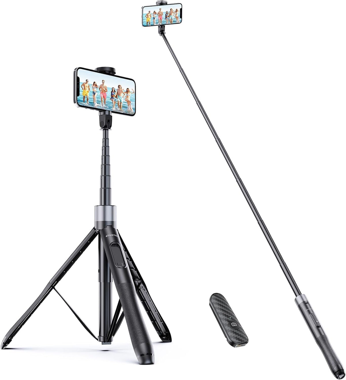 ATUMTEK Trípode para selfie stick de 60 pulgadas, todo en uno, extensible con control remoto Bluetooth, rotación de 360° para iPhone y Android, grabación de video, vlogging, transmisión en vivo, color negro