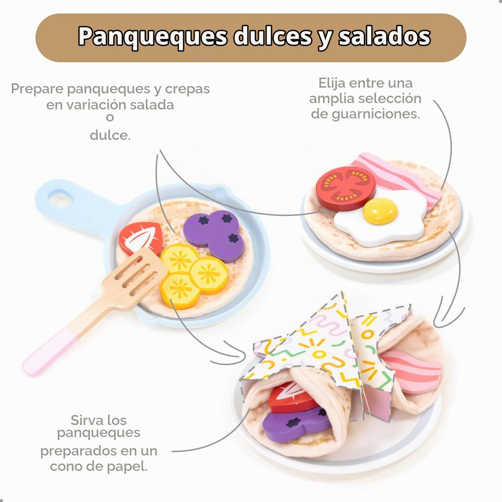 Juego de panqueques de madera – 44 piezas de juguete de cocina con sartén, espátula, jarabe, coberturas y más – Juego de comida de cocina para niños de 3, 4, 5 años