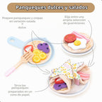 Juego de panqueques de madera – 44 piezas de juguete de cocina con sartén, espátula, jarabe, coberturas y más – Juego de comida de cocina para niños de 3, 4, 5 años