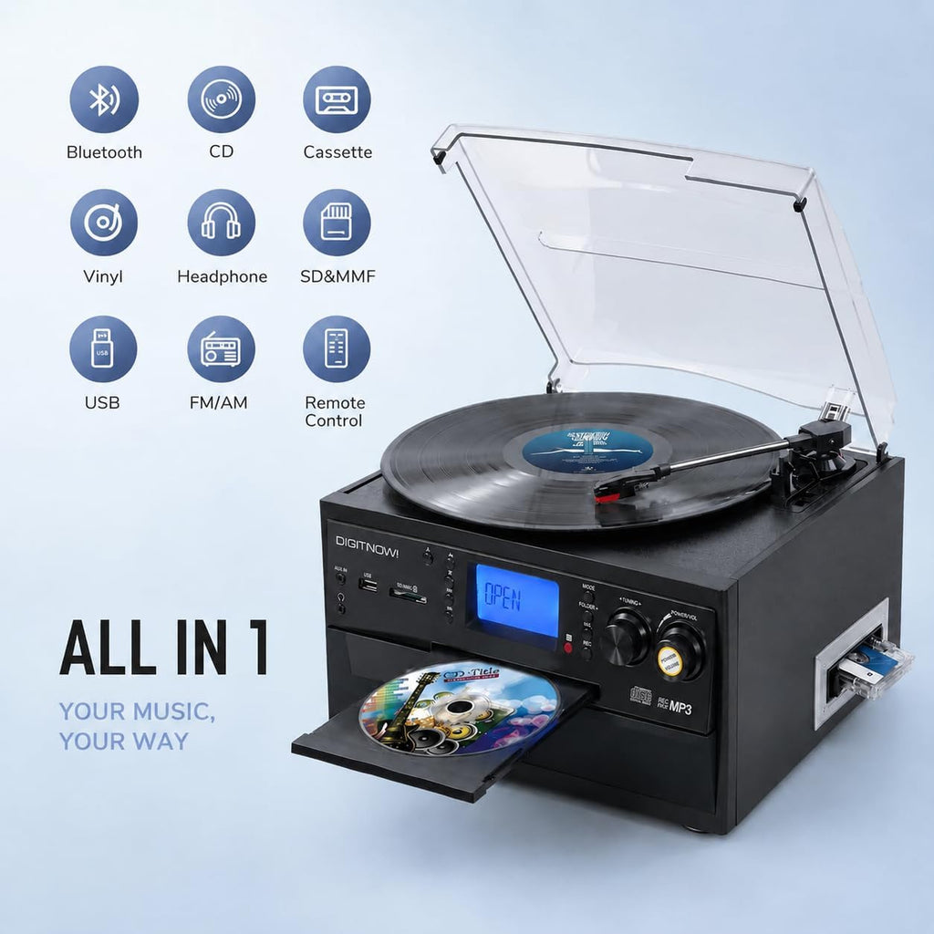 Tocadiscos Bluetooth 10 en 1 con altavoz incorporado, reproductor de discos de vinilo, casete de CD y radio FM, AUX en USB grabación MP3 conector de auriculares, sistema estéreo compacto para