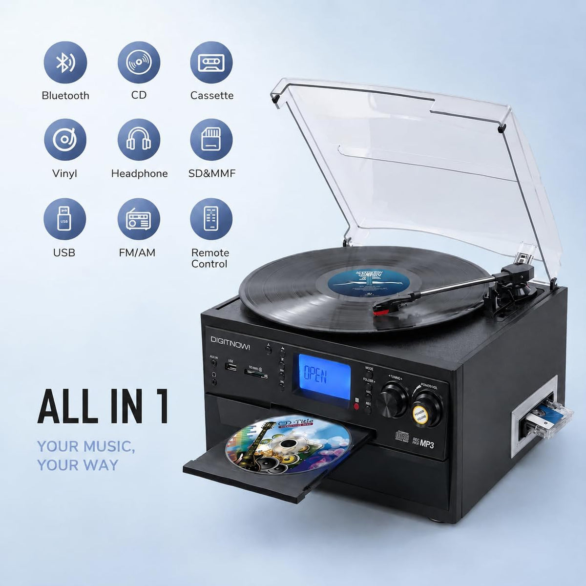 Tocadiscos Bluetooth 10 en 1 con altavoz incorporado, reproductor de discos de vinilo, casete de CD y radio FM, AUX en USB grabación MP3 conector de auriculares, sistema estéreo compacto para