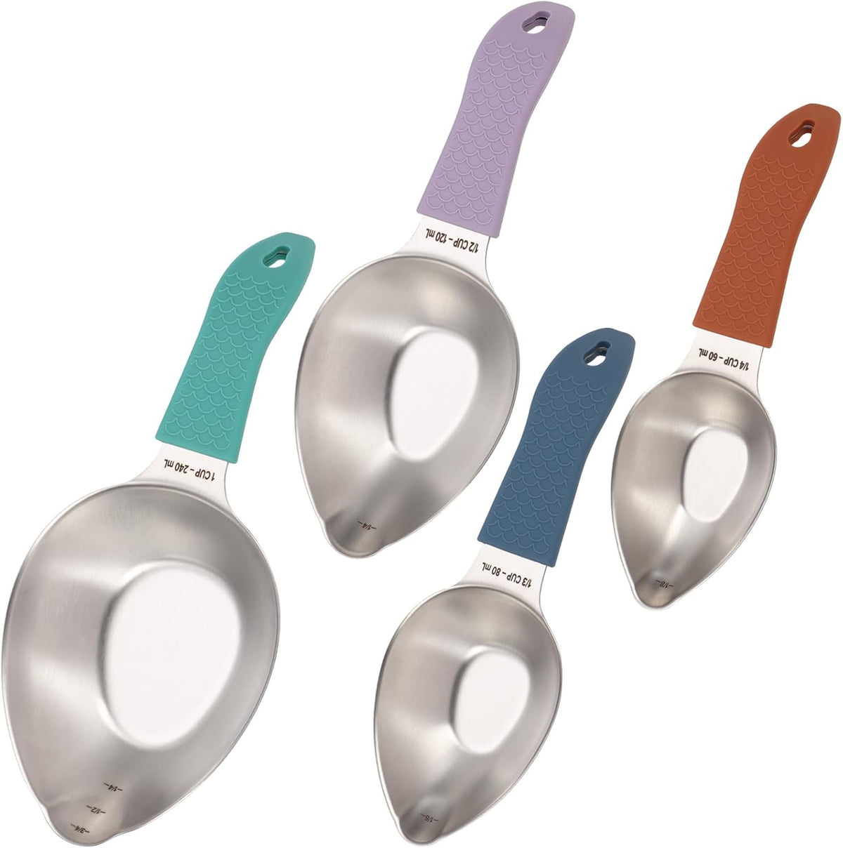 Juego de 4 tazas medidoras de acero inoxidable para ingredientes secos y líquidos con asas de silicona antideslizantes y medidas grabadas con láser, tazas medidoras de metal