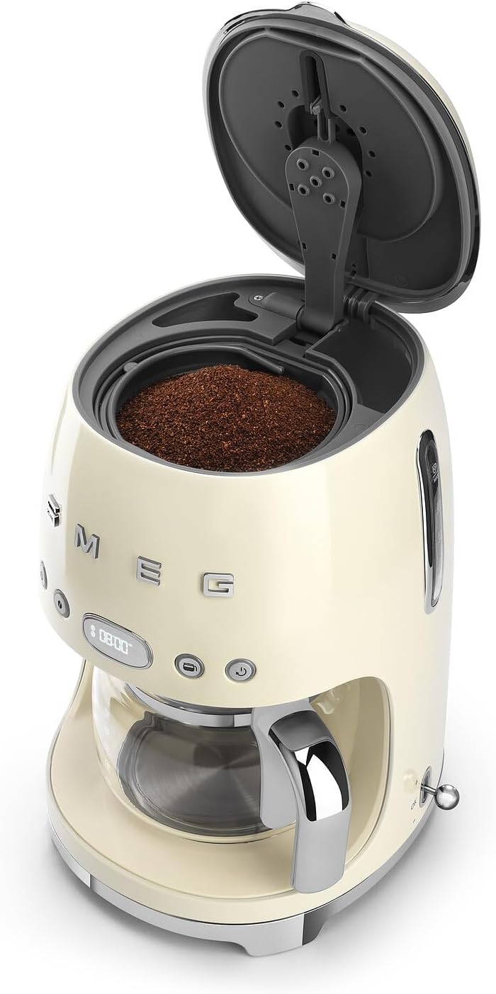 Smeg - Cafetera de goteo estética estilo retro de los años 50 con jarra de vidrio de 10 tazas, función de arranque automático, placa de mantenimiento en calor y dos configuraciones de intensidad de