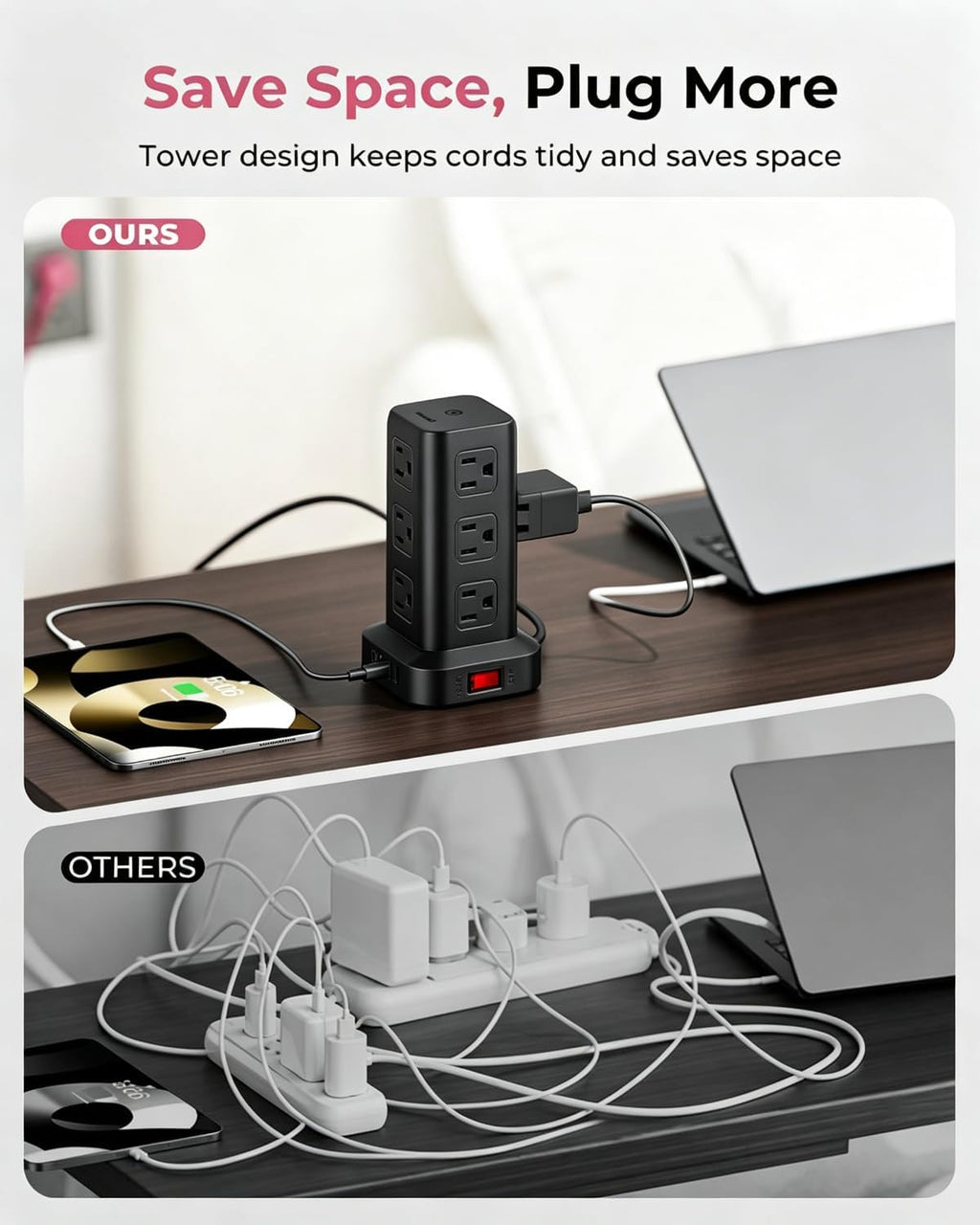 Regleta de alimentación de 6.5 pies, torre de regleta de alimentación con 4 puertos USB (2USB C), cable de extensión con 12 tomas de corriente alterna múltiples, suministros de oficina en casa