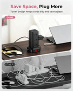 Regleta de alimentación de 6.5 pies, torre de regleta de alimentación con 4 puertos USB (2USB C), cable de extensión con 12 tomas de corriente alterna múltiples, suministros de oficina en casa
