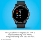 Garmin 010-02173-11 Venu, GPS SmartWatch con pantalla táctil brillante, presenta música, monitoreo de energía corporal, entrenamientos animados, sensor de buey de pulso y más, negro