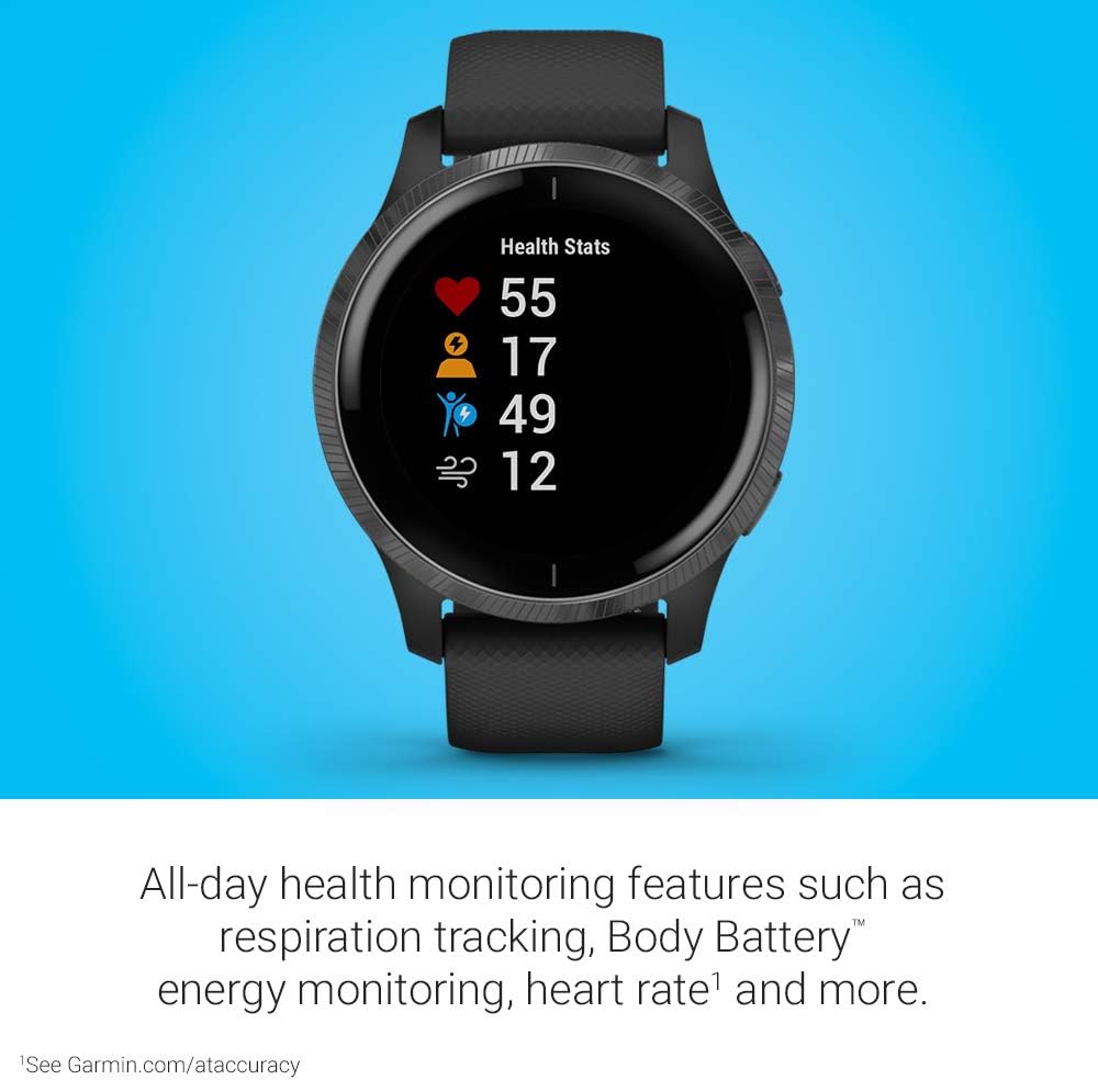 Garmin 010-02173-11 Venu, GPS SmartWatch con pantalla táctil brillante, presenta música, monitoreo de energía corporal, entrenamientos animados, sensor de buey de pulso y más, negro