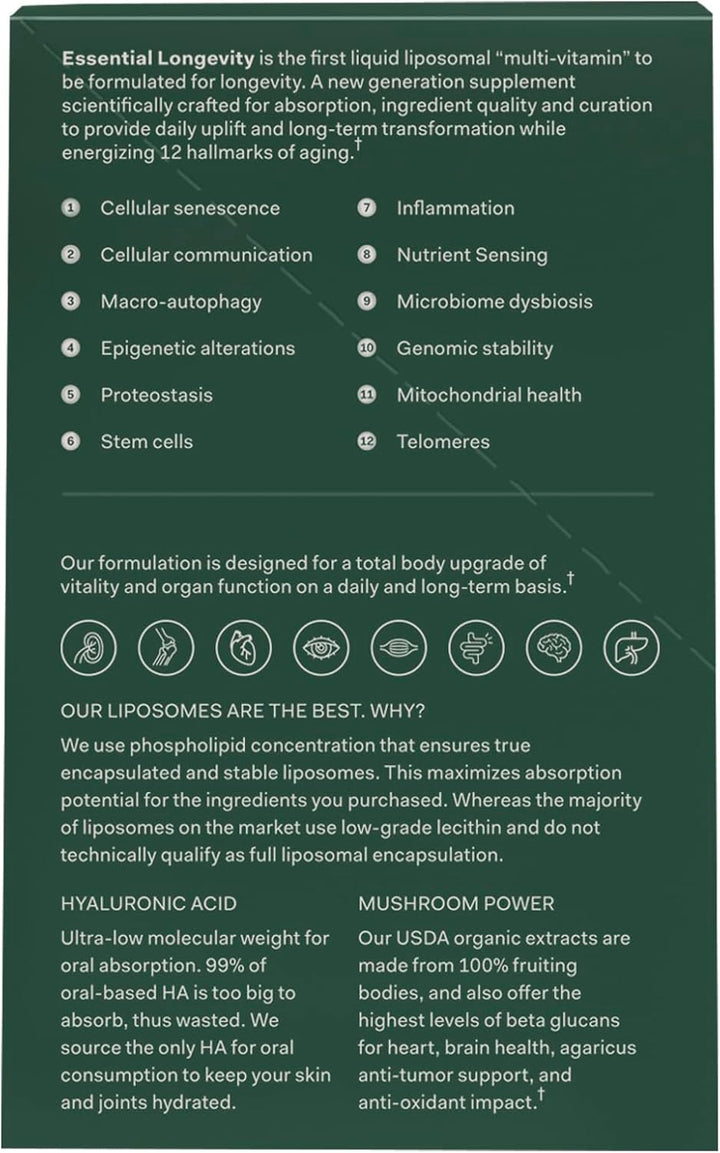 Essential Longevity - Pila 100% liposomal 15 en uno. Precursor NAD+...