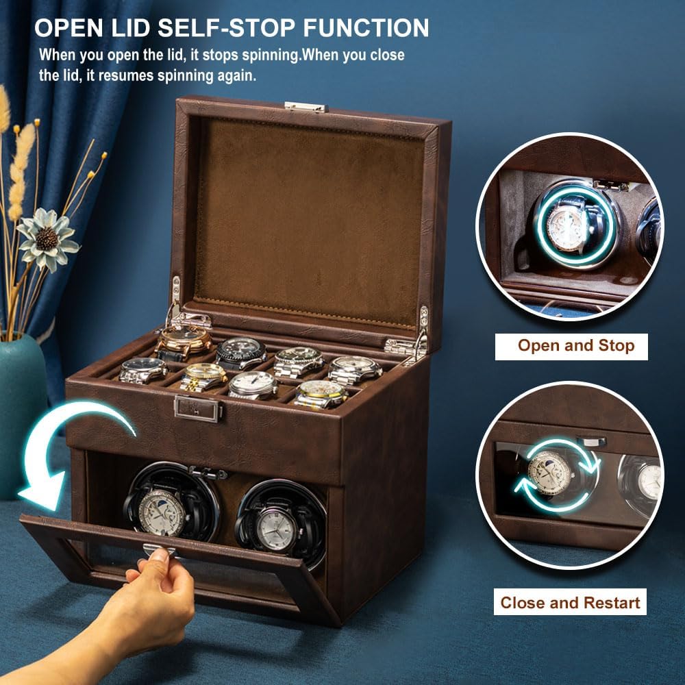 Cargador giratorio para 2 relojes automáticos + 8 ranuras de almacenamiento para relojes, motor silencioso