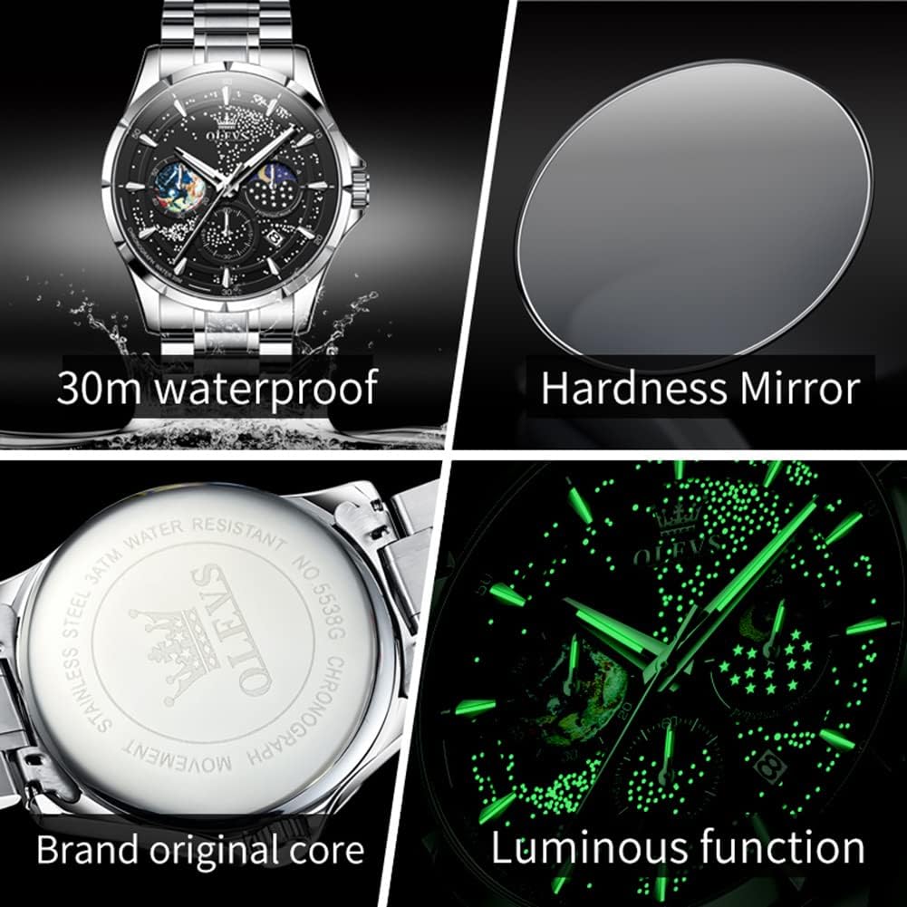 Reloj para Hombre OLEVS Esfera Cielo Estrellado Fase Lunar Lujo Negocios Analógico Cuarzo Clásico Casual Fecha Resistente al Agua Luminoso