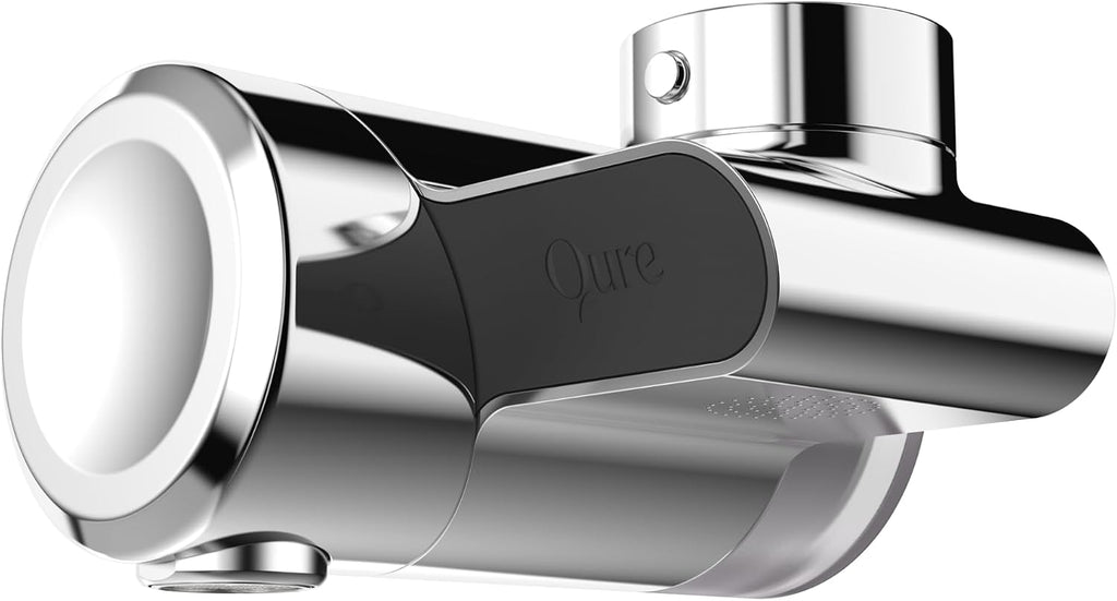Qure Skincare - Grifo de agua con filtro para lavabo de baño, reduce el 99% de cloro y metales pesados, hidratación de la piel en 4 semanas, reduce la acumulación, equilibra el pH, piel y cabello más suaves, color plateado
