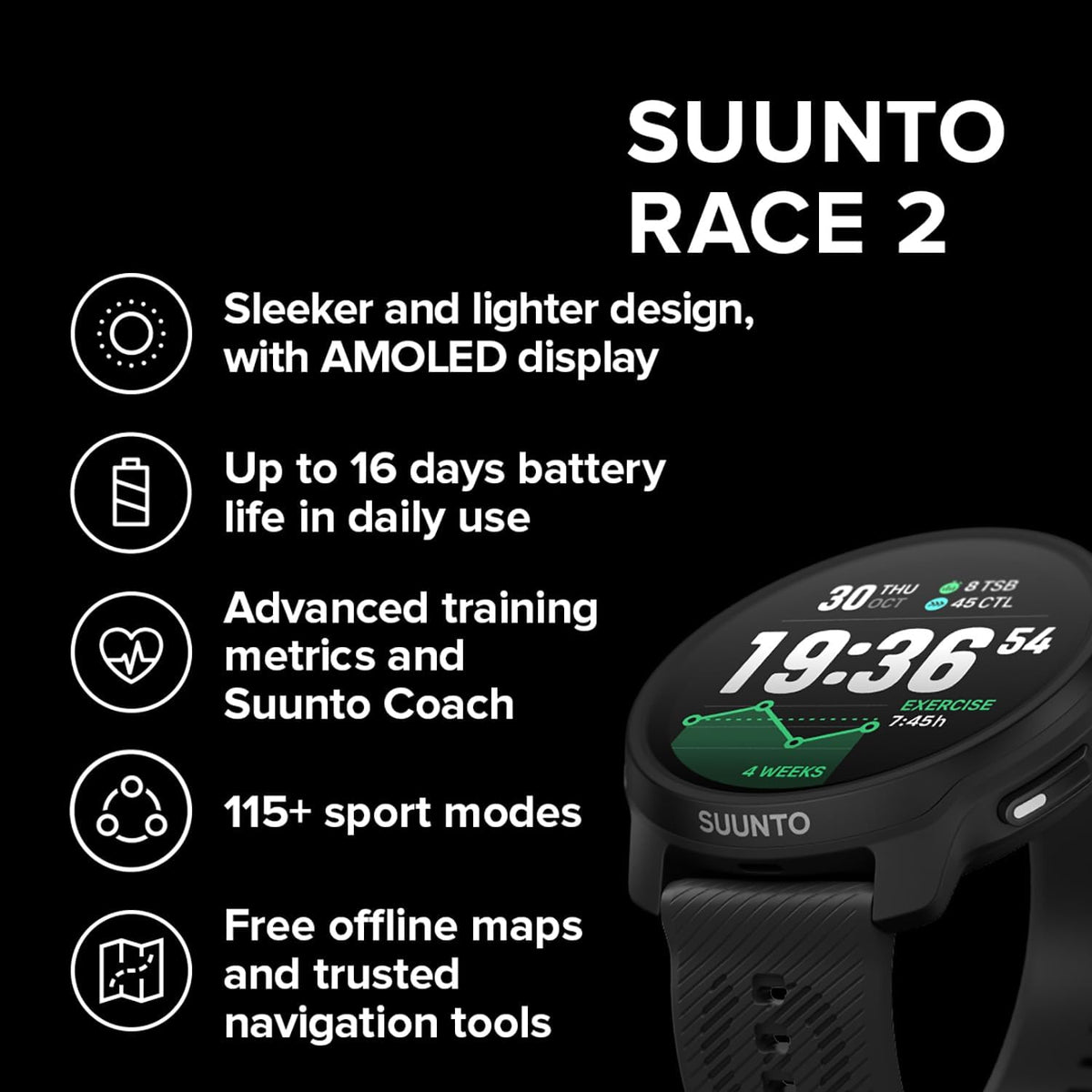 SUUNTO Race 2 Reloj deportivo GPS AMOLED de 1.5 pulgadas, más de 115 modos