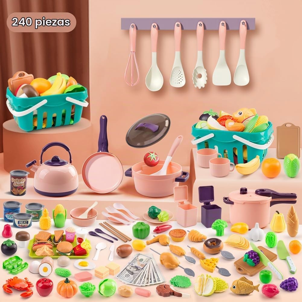 240 piezas de accesorios de cocina para niños, sartenes de juego, ollas, utensilios de cocina con postres, verduras cortables y juego de barbacoa y cesta de almacenamiento, dinero de utilería, regalo de aprendizaje para niños, niños pequeños, niños, rosa