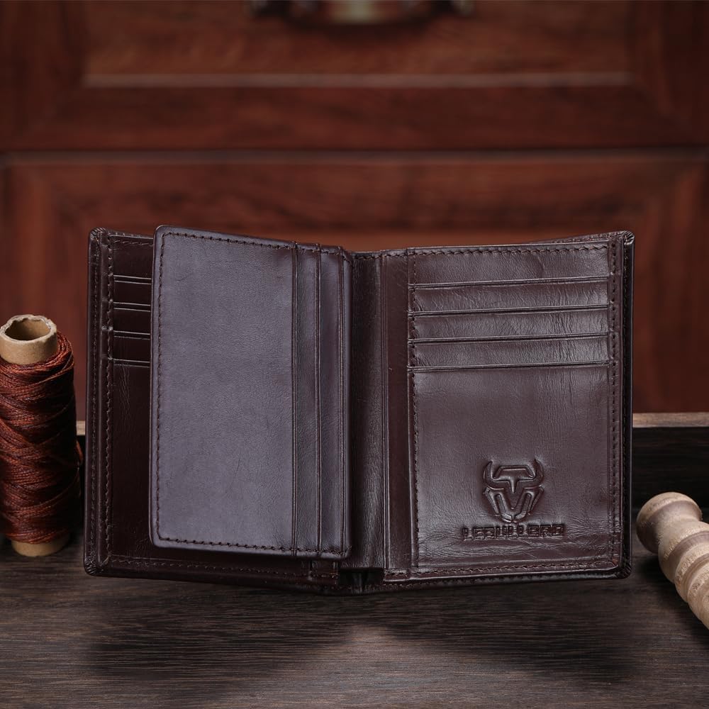 LEBULLBRO Cartera de cuero genuino plegable con bloqueo RFID de gra...