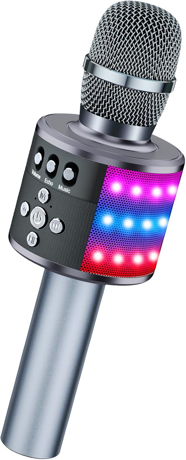 BONAOK Micrófono de karaoke para niños y adultos, micrófonos Bluetooth, micrófono para cantar con luces de discoteca, efecto eco, altavoz integrado, reproductor de karaoke portátil para regalos de fiesta, viajes, Q78 (Space Gary)