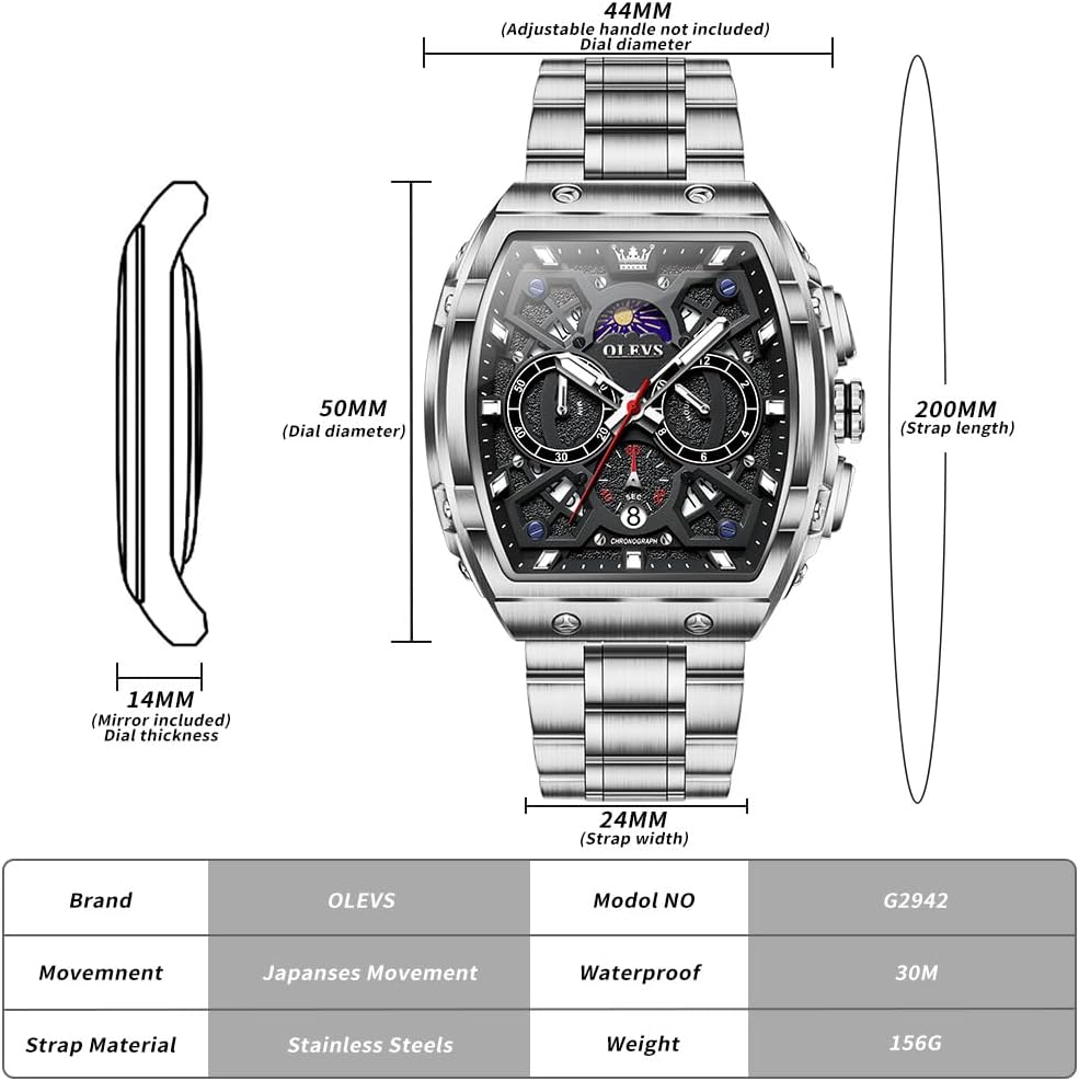 OLEVS Relojes para Hombre Multifuncionales de Negocios, Estilo Cuadrado, Acero Inoxidable, Resistente al Agua, Luz Luminosa, Lujo Casual, Pulsera para Hombre