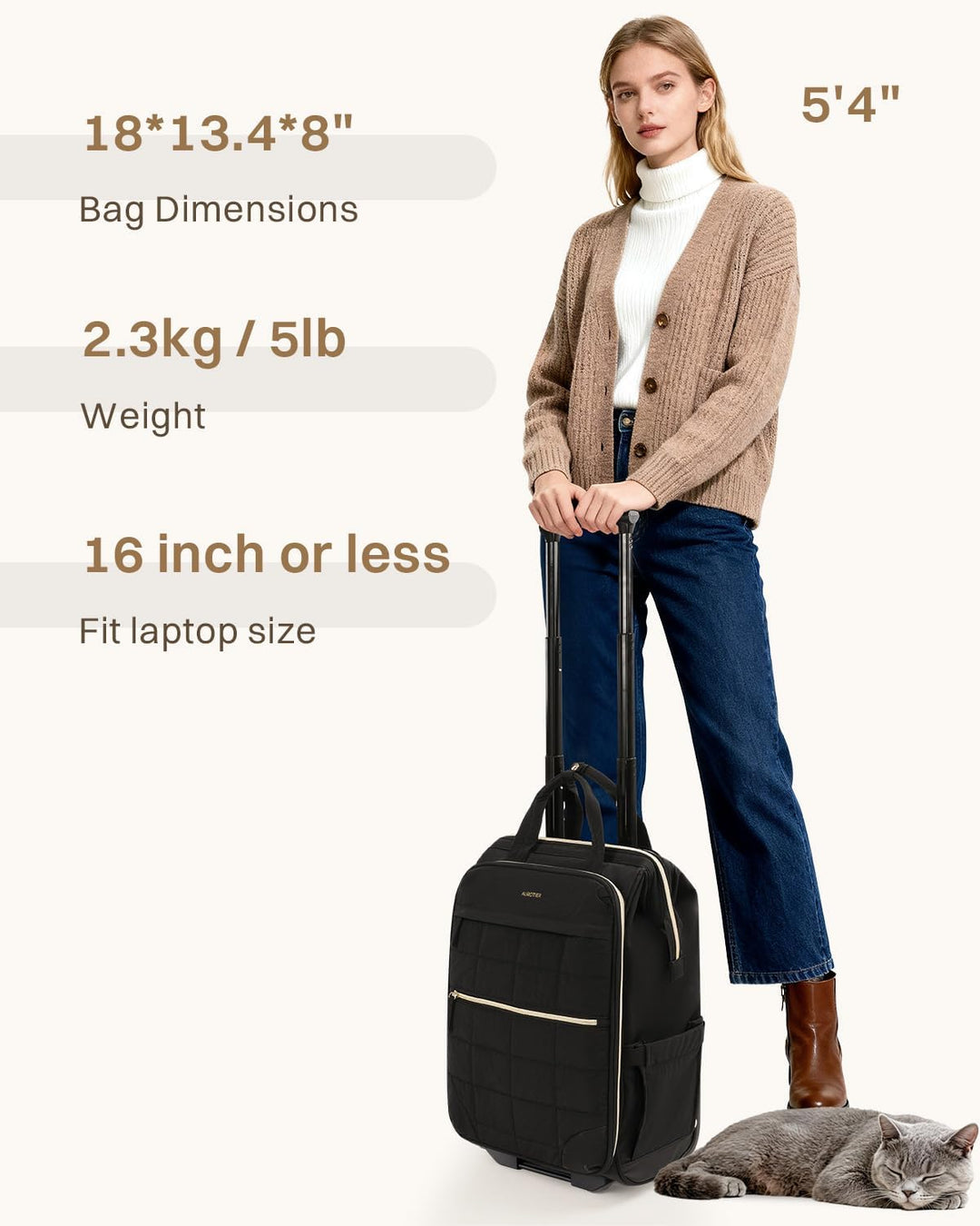 AUROTIER Mochila con ruedas tipo puffer para mujeres, mochila con r...