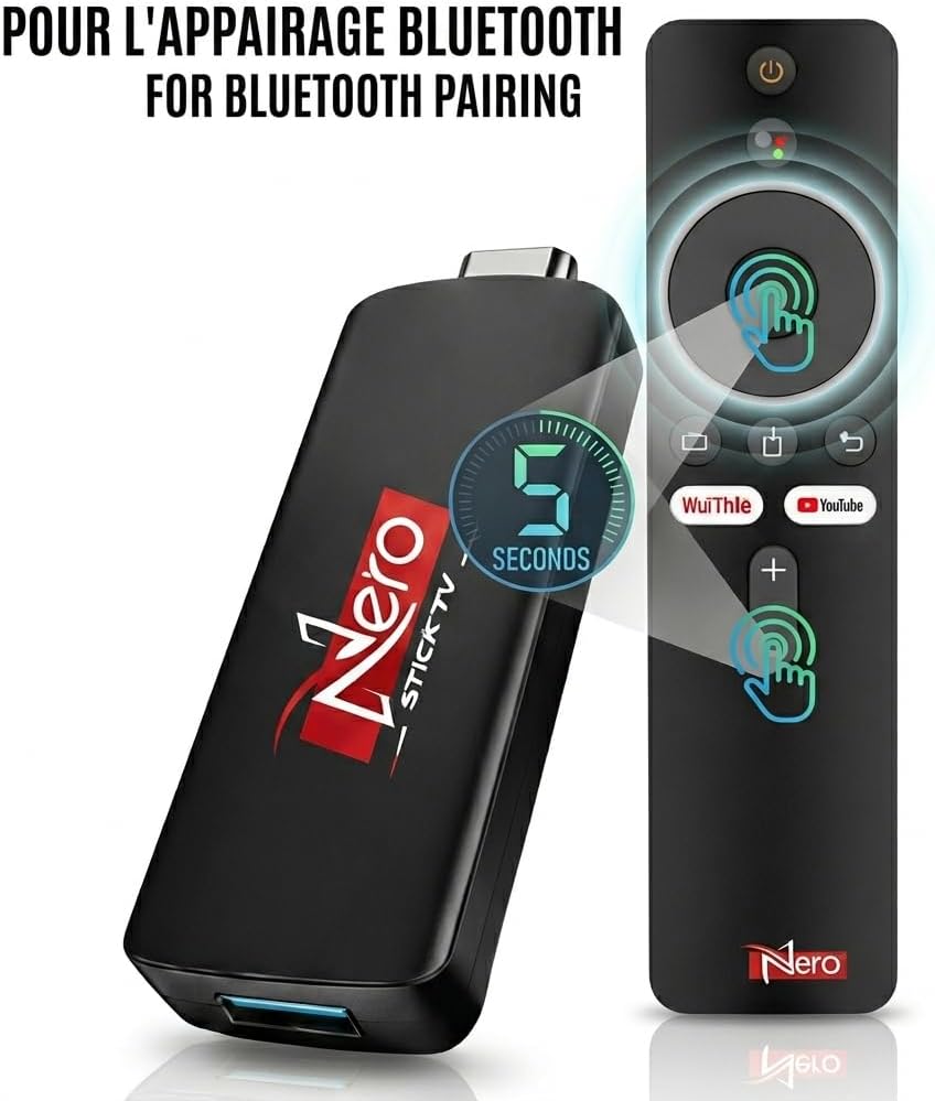 Dispositivo de transmisión Nero Stick TV 4K/8K HDR, alimentado por Android 14 y Google TV, Bluetooth 5.4, HDMI y USB, compatible con Wi-Fi 6E, TV gratuita y en vivo sin cable ni satélite