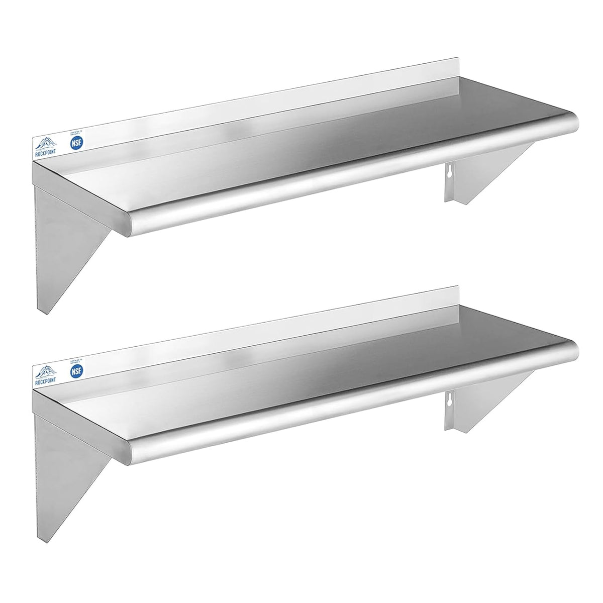 ROCKPOINT Estante de acero inoxidable de 12 x 36 pulgadas, 300 libras, paquete de 2 estantes flotantes de montaje en pared comercial NSF con protector contra salpicaduras para restaurante, cocina