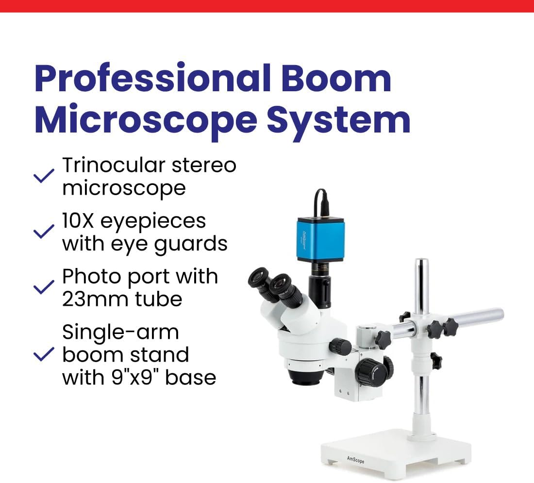 AmScope SM-3T microscopio estéreo trinocular profesional con zoom estereoscópico SM-3T con control simultáneo de enfoque, oculares WH10x, aumento 7X-45X, objetivo zoom 0.7X-4.5X, iluminación ambiental, soporte de pluma de doble brazo.