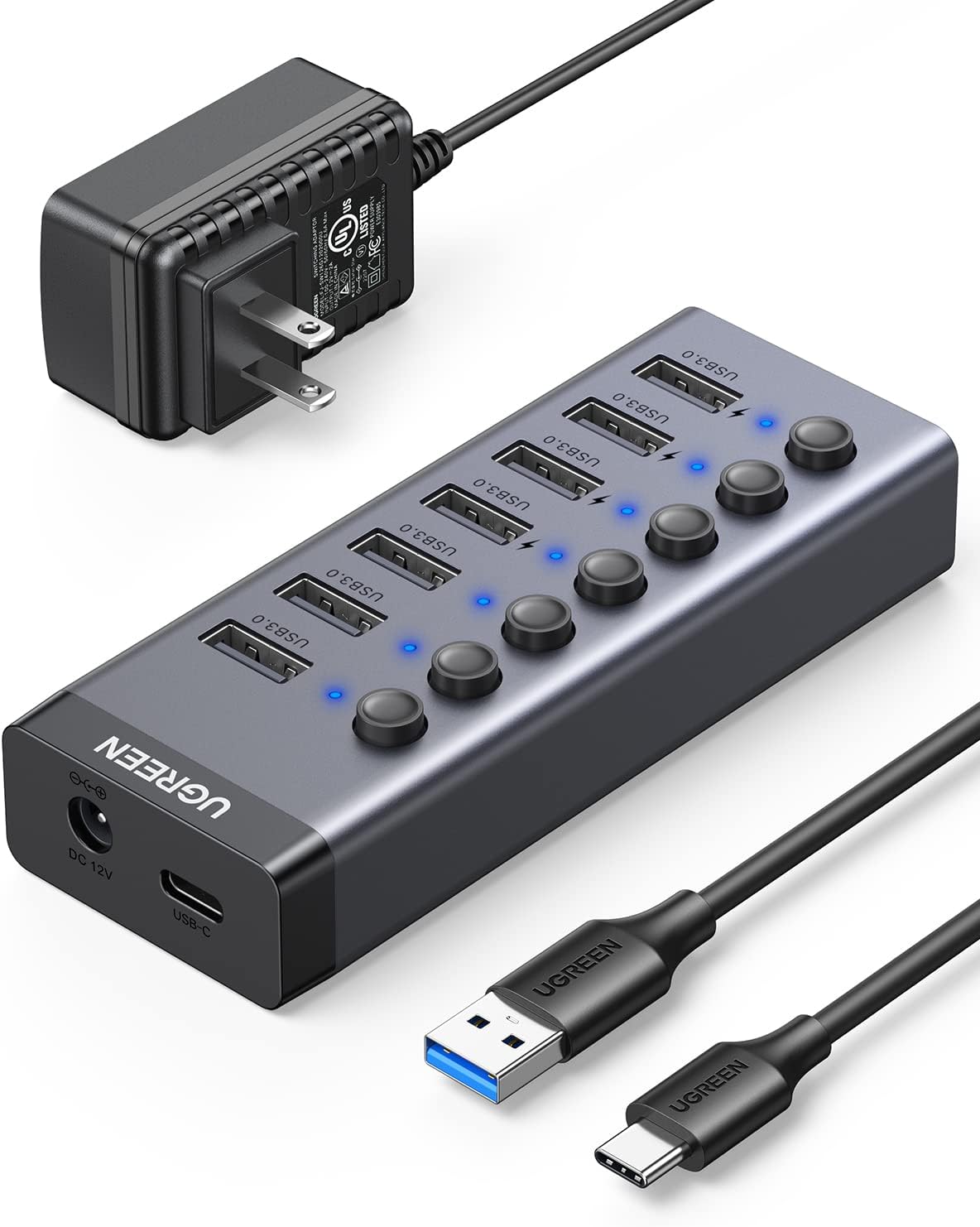 UGREEN, 90305, hub USB 3.0 de 7 puertos, adaptador 12V/2A
