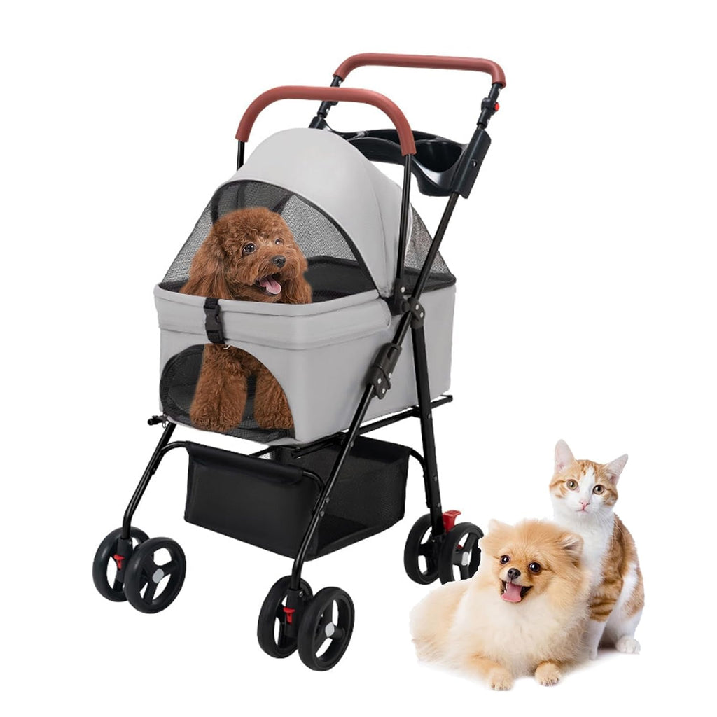 Cochecito para mascotas para perros medianos y pequeños – Cochecito plegable de 4 ruedas con cesta de almacenamiento, transportador para perros y gatos, asa ajustable, transportador plegable para cachorros adecuado para viajar con gatos y perros (gris)