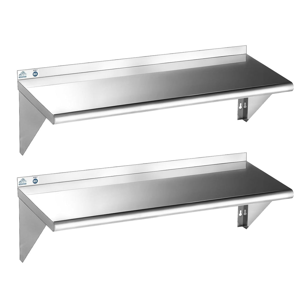 ROCKPOINT Estante de acero inoxidable de 14 x 48 pulgadas, 380 libras, paquete de 2 estantes flotantes de montaje en pared comercial NSF con protector contra salpicaduras para restaurante, cocina