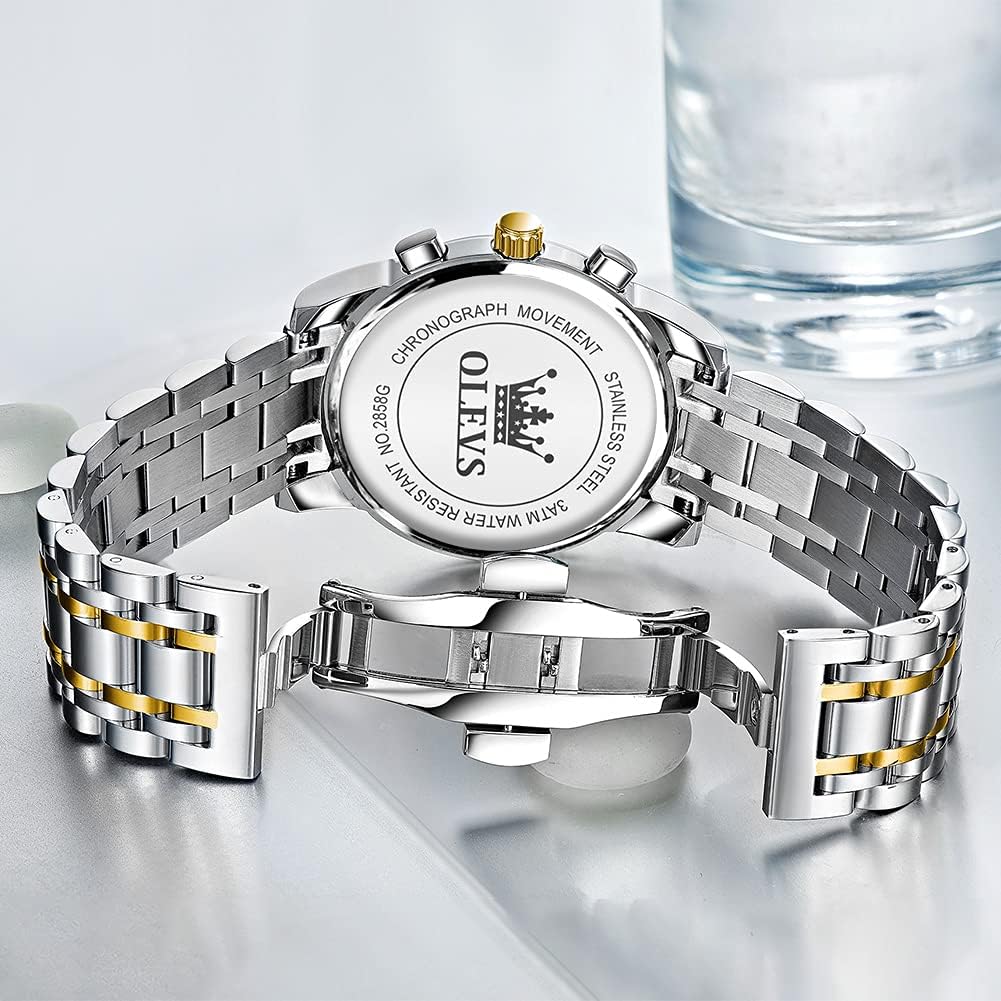 OLEVS Relojes de Oro para Hombres Reloj de Pulsera de Lujo a Prueba de Agua Gran Cara Elegante Acero Inoxidable Analógico Cuarzo Fecha Cronógrafo Luminoso Lectura Fácil Relojes de Negocios Regalos para Hombres Graduación