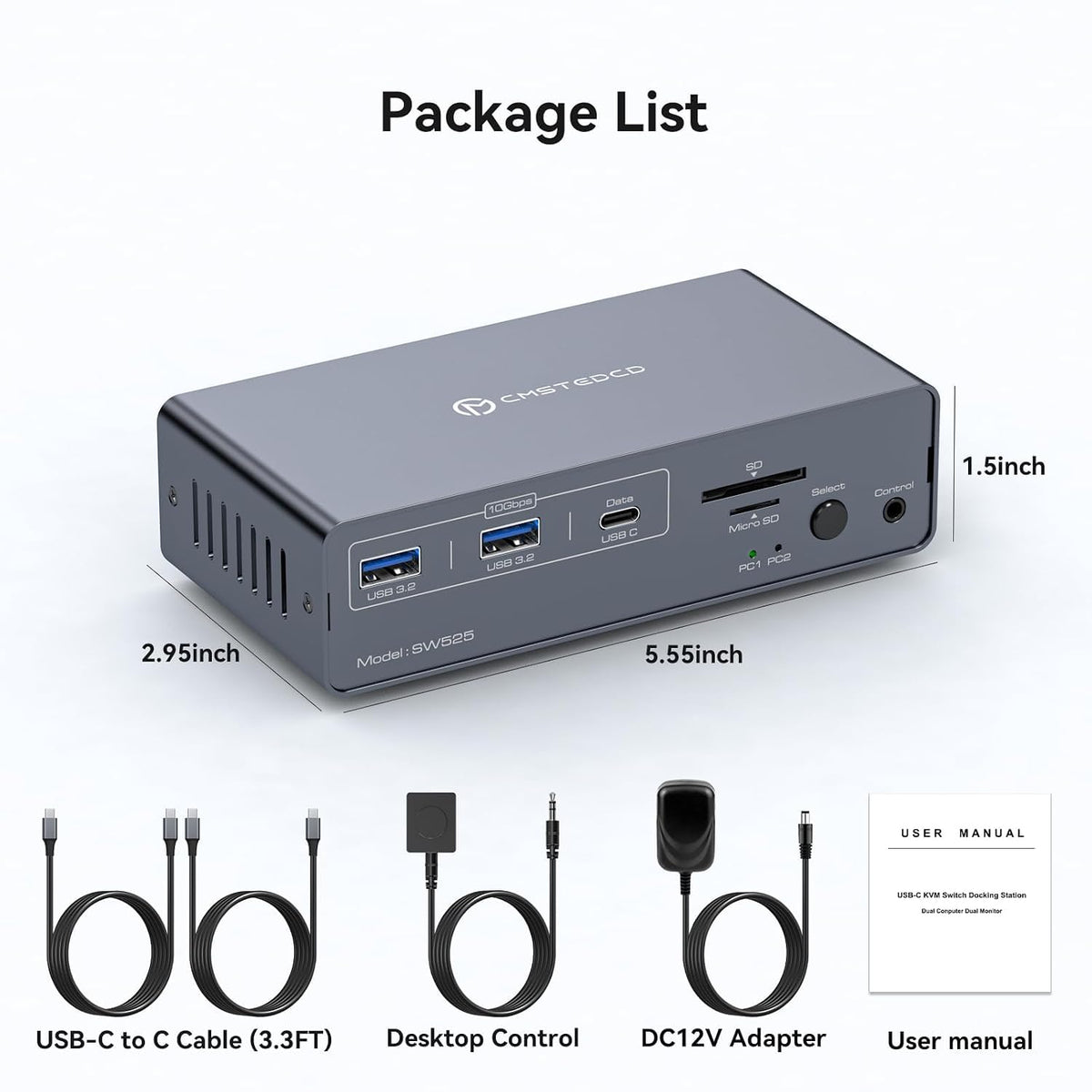 Conmutador KVM USB-C de 4K a 120Hz, 2 monitores, 2 computadoras, estación de acoplamiento DisplayPort, monitor dual para 2 computadoras portátiles con USB 3.2 de 10 Gbps