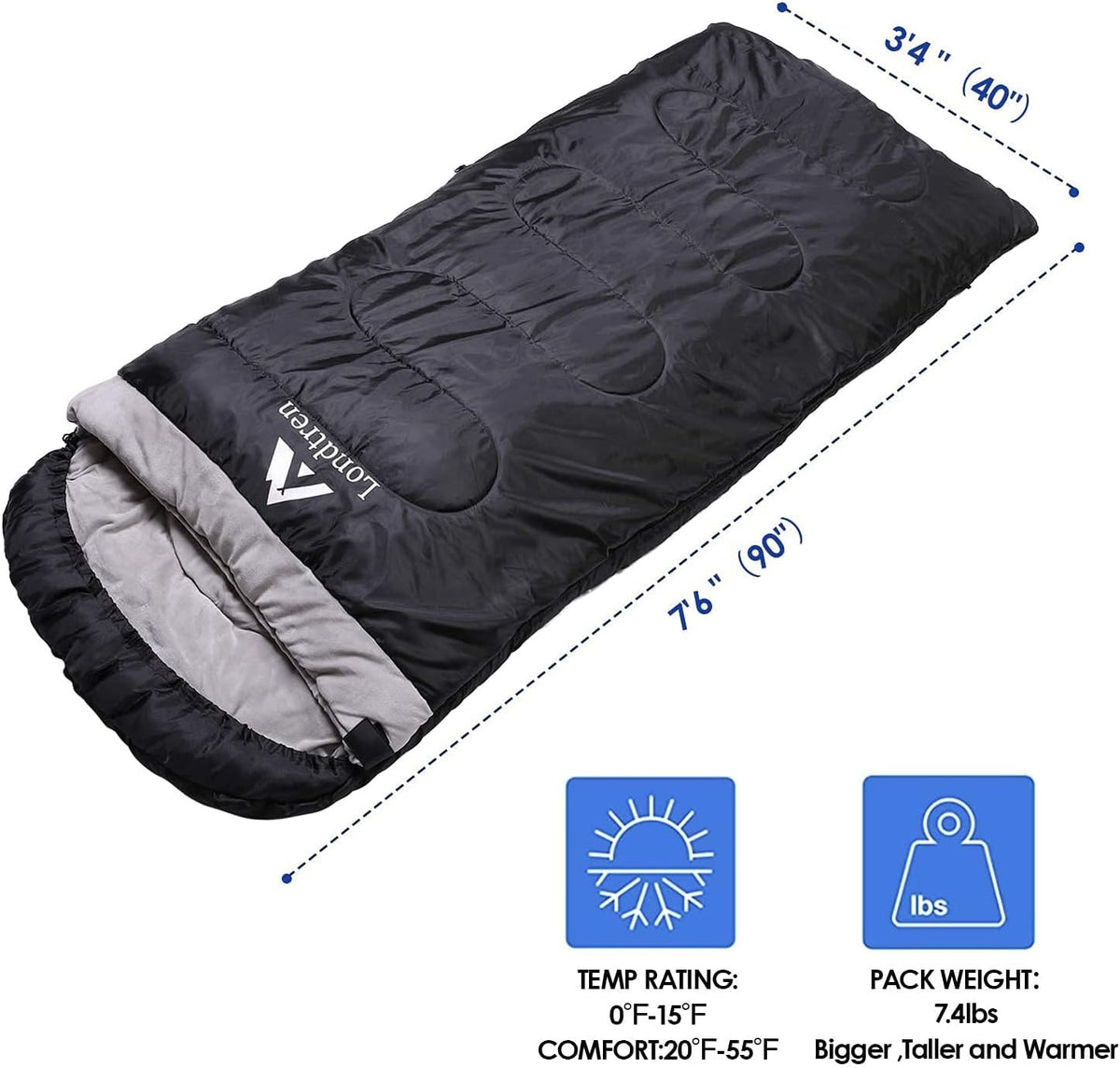 Londtren - Sacos de dormir grandes de 0 grados para adultos, saco de dormir para clima frío, para camping, invierno, por debajo de cero, 20 15, de franela, grande y alto, XXL