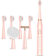 Cepillo de dientes eléctrico sónico, recargable por USB, potente cepillo de dientes de limpieza sónico con 6 modos, 5 cabezales de cepillo + 1 cabezal de cepillo de limpieza facial + 1 cabezal