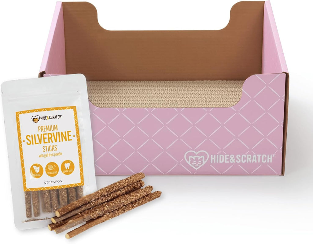 Hide & Scratch Caja rascador para gatos y palitos de vid plateada prémium con polvo de fruta de agalla