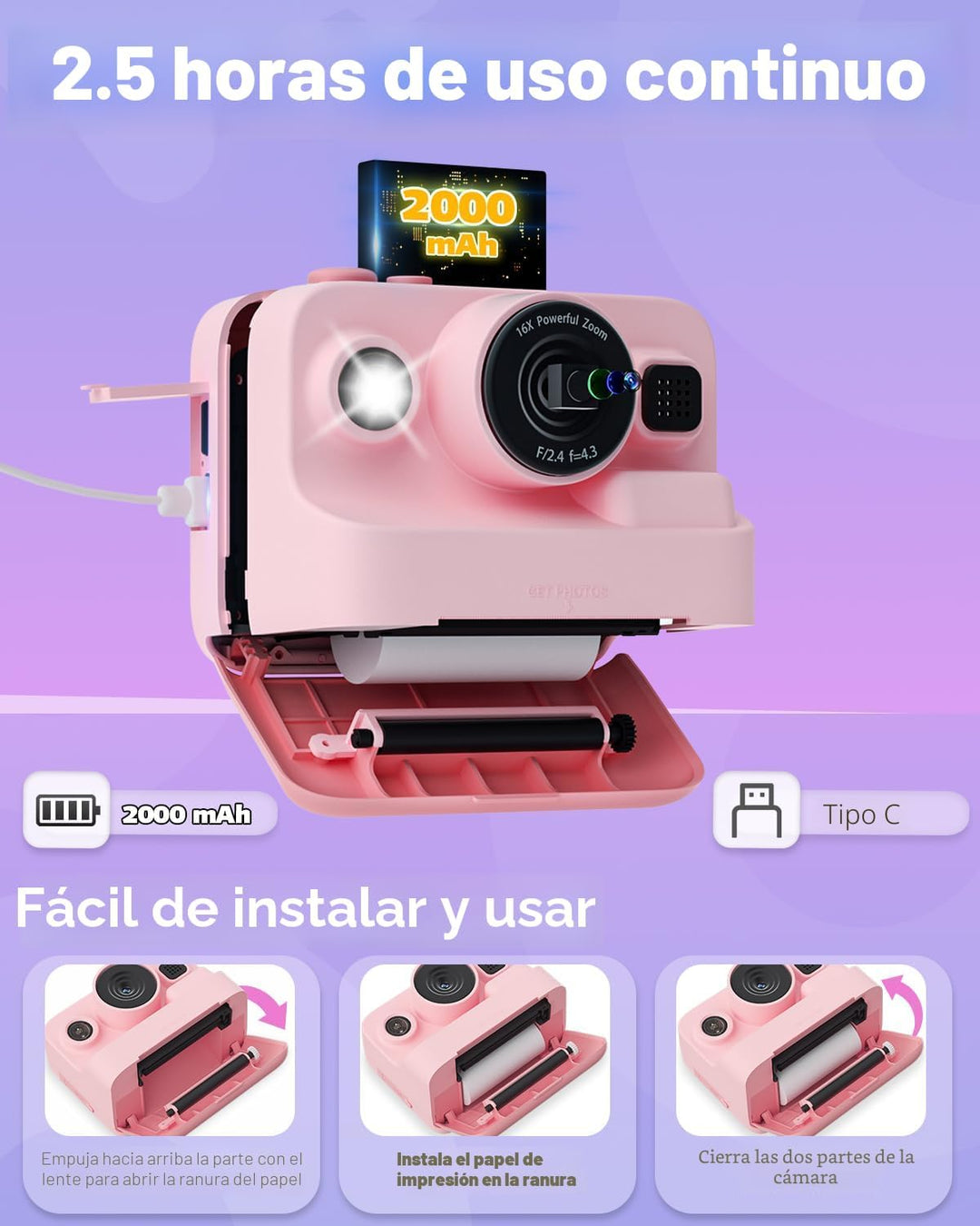 Dylanto - Cámara de impresión instantánea para niños, de 1080p, reg...