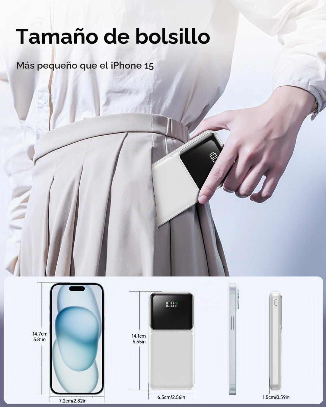 Cargador portátil con cable integrado, pantalla LED USB C de 20000...