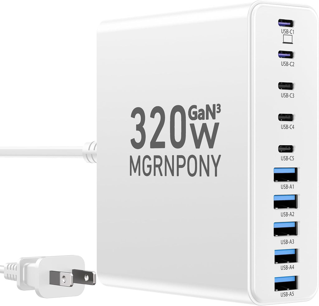 Cargador de 320W USB C, MGRNPONY, estación de carga USB C de 10 puertos GaN, blanco