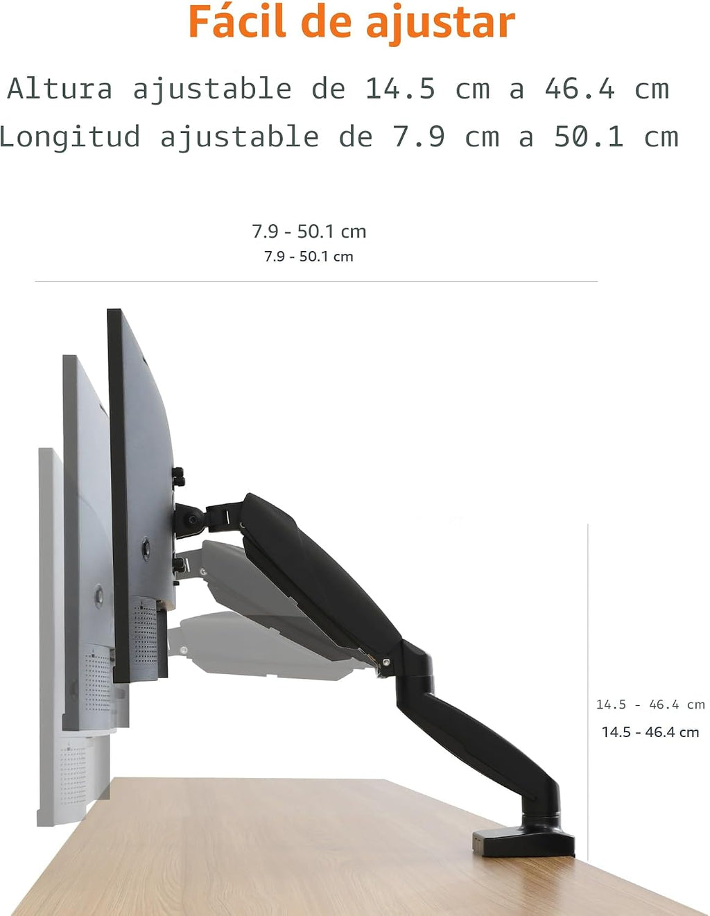 Amazon Basics Soporte de escritorio con brazo de monitor único con resorte de gas, tensión ajustable, se adapta a monitores de 15 a 27 pulgadas, soporta 4.4-15.4 libras, VESA 75x75/100x100, negro