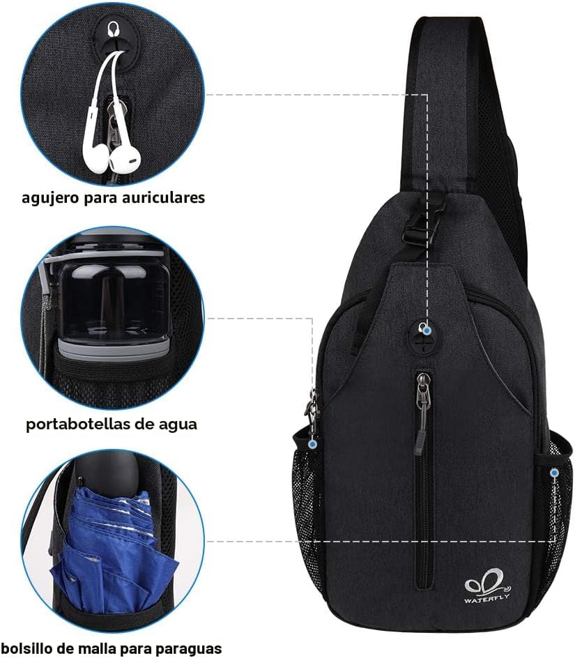 Waterfly - Mochila cruzada tipo bandolera para viajes y caminatas, bolsa de pecho, Negro, talla única