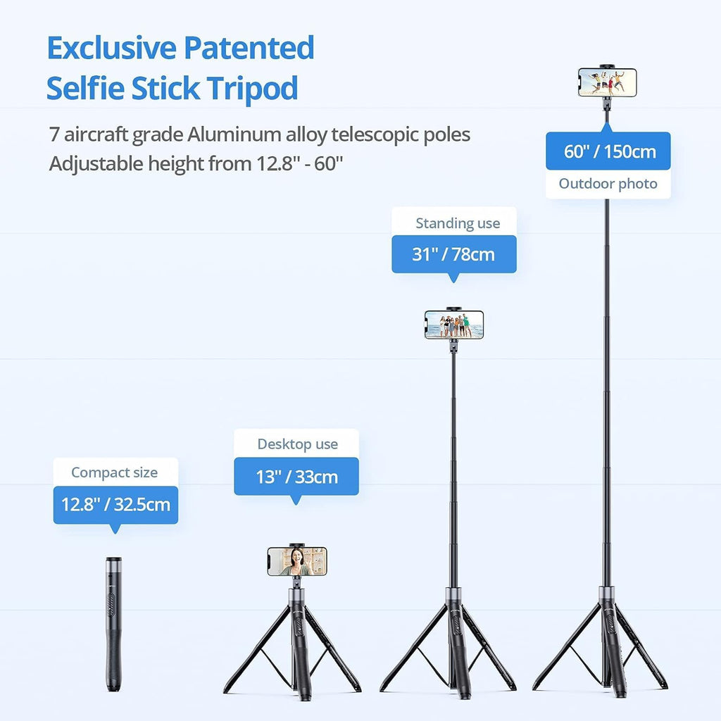 ATUMTEK Trípode para selfie stick de 60 pulgadas, todo en uno, extensible con control remoto Bluetooth, rotación de 360° para iPhone y Android, grabación de video, vlogging, transmisión en vivo, color negro