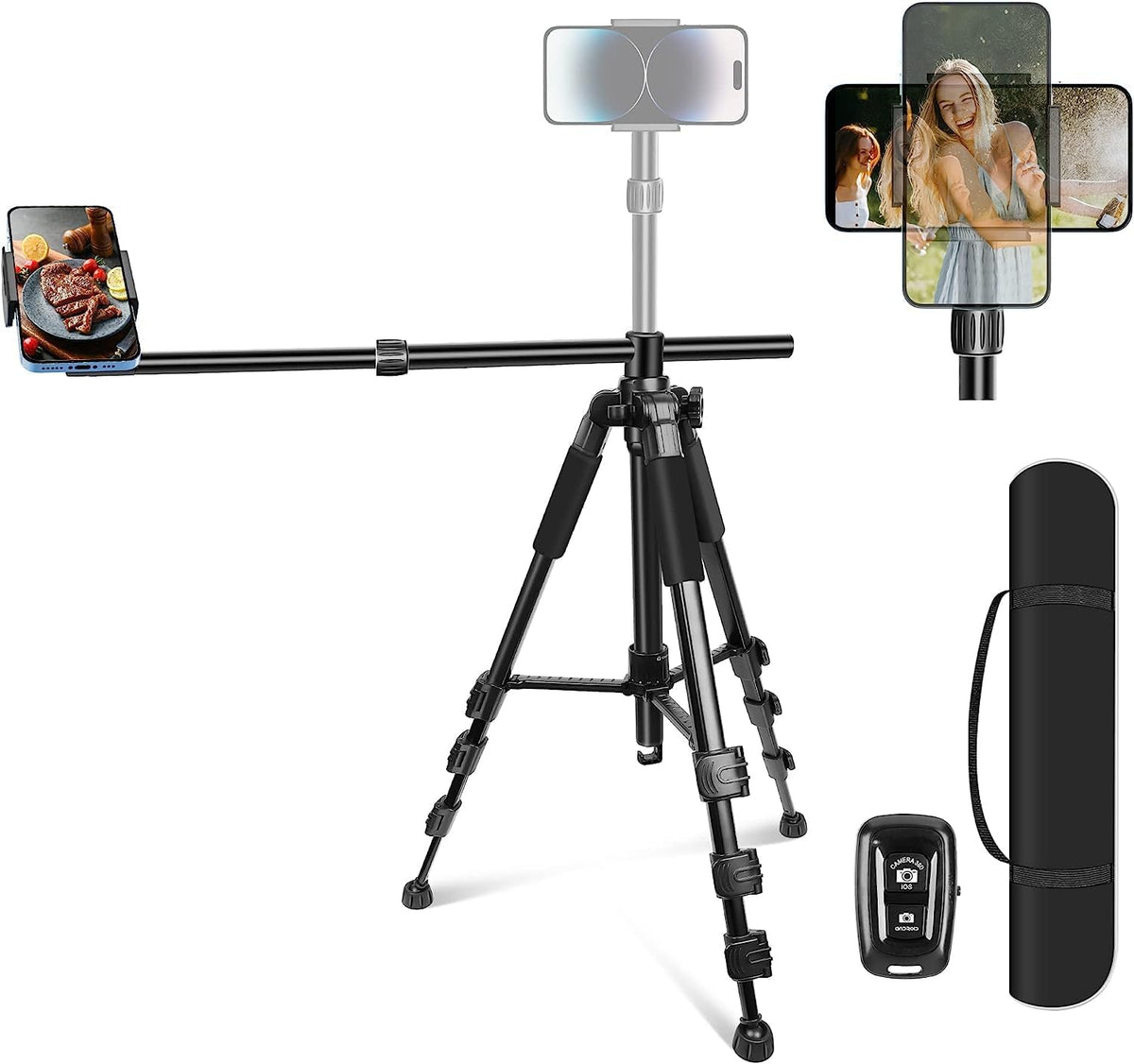 Elitehood Trípode para iPhone para grabación de video aérea [resistente y ultraestable], brazo horizontal largo extensible de 25 pulgadas, soporte de trípode para iPhone con rotación de 360° con