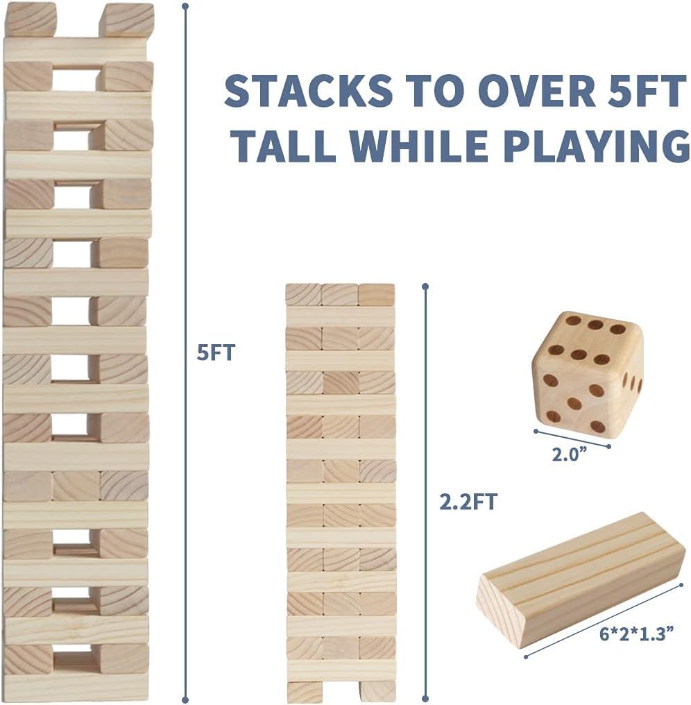 Juegos familiares de torre gigante para niños y adultos, 60 bloques de madera de pino de Nueva Zelanda que se apilan hasta 5 pies para interiores y exteriores, juegos de patio para la familia