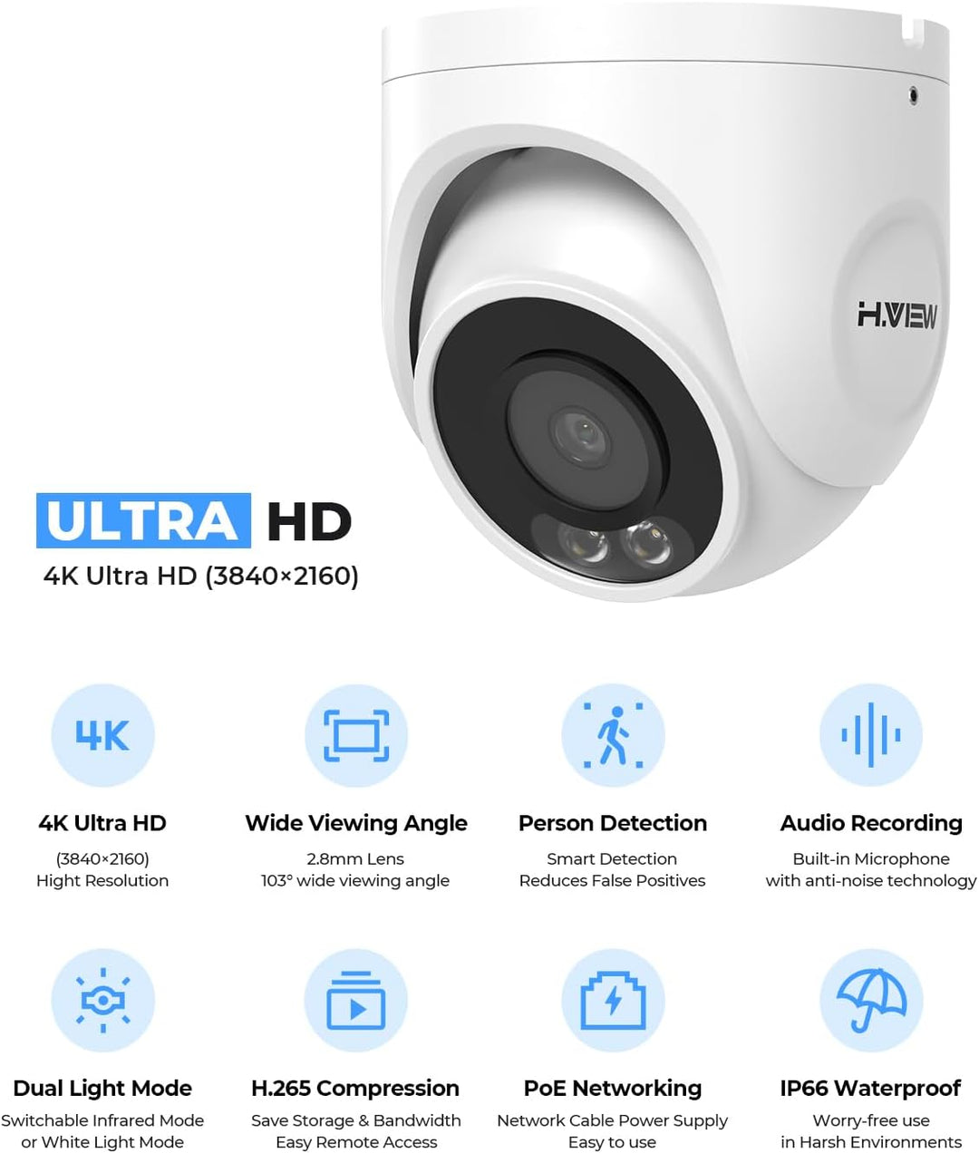 H.VIEW UltraHD 4K (8MP) Cámara PoE de seguridad IP para exteriores,...