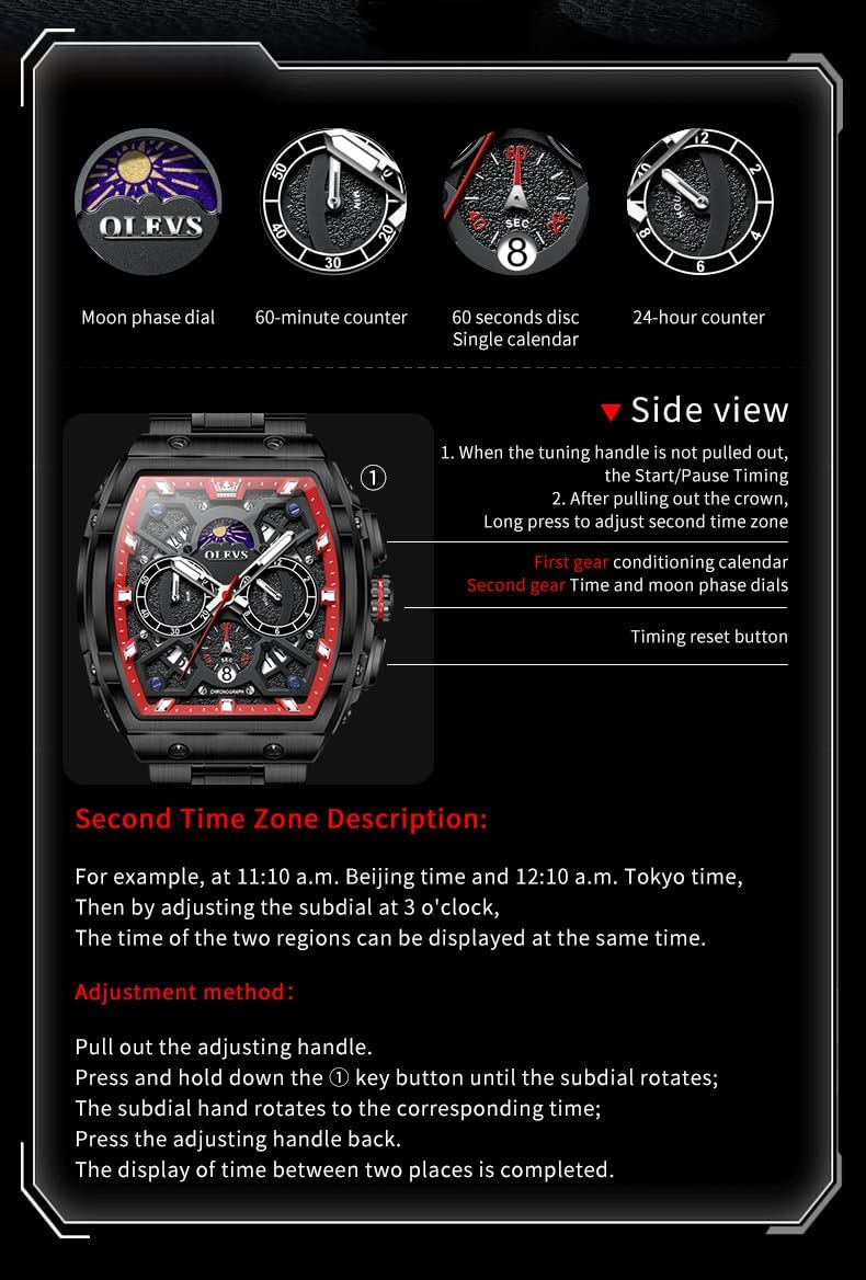 OLEVS Reloj para Hombres Analógico Cuarzo Lujo Diamante Resistente al Agua Cronógrafo Acero Inoxidable Carita Grande Cuadrado Fecha Fase Lunar Romano Relojes de Vestir para Hombres