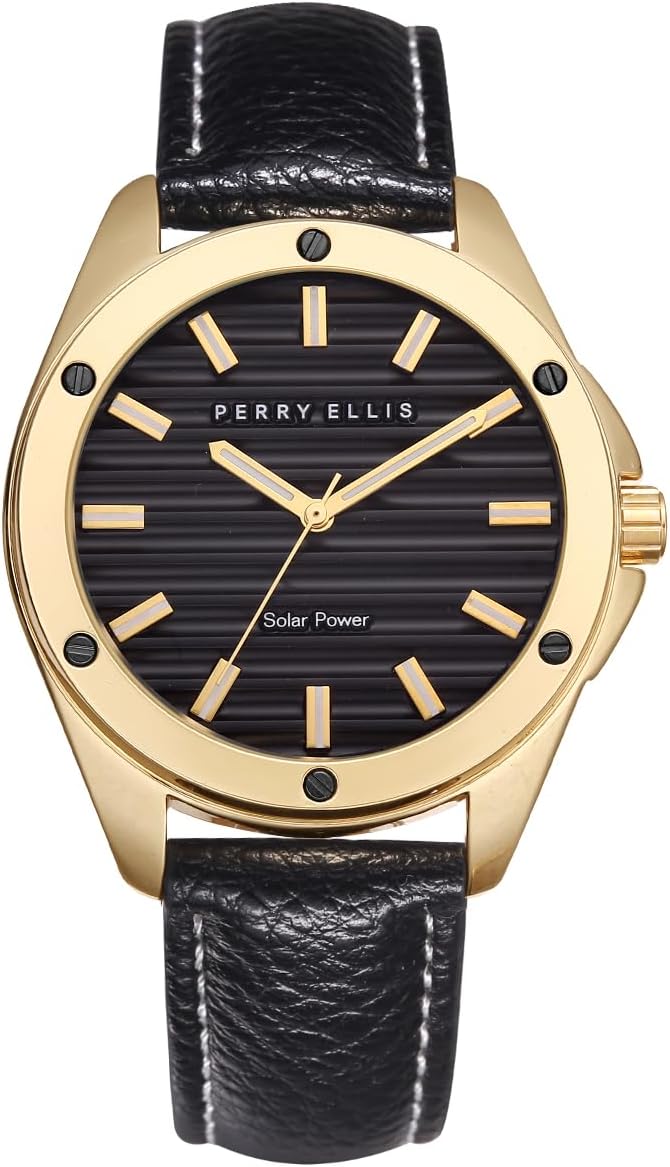 Perry Ellis Reloj para hombre con energía solar, reloj analógico de cuero vegano resistente al agua para hombre, caja de 1.654 in, relojes para hombre, regalo elegante para hombre