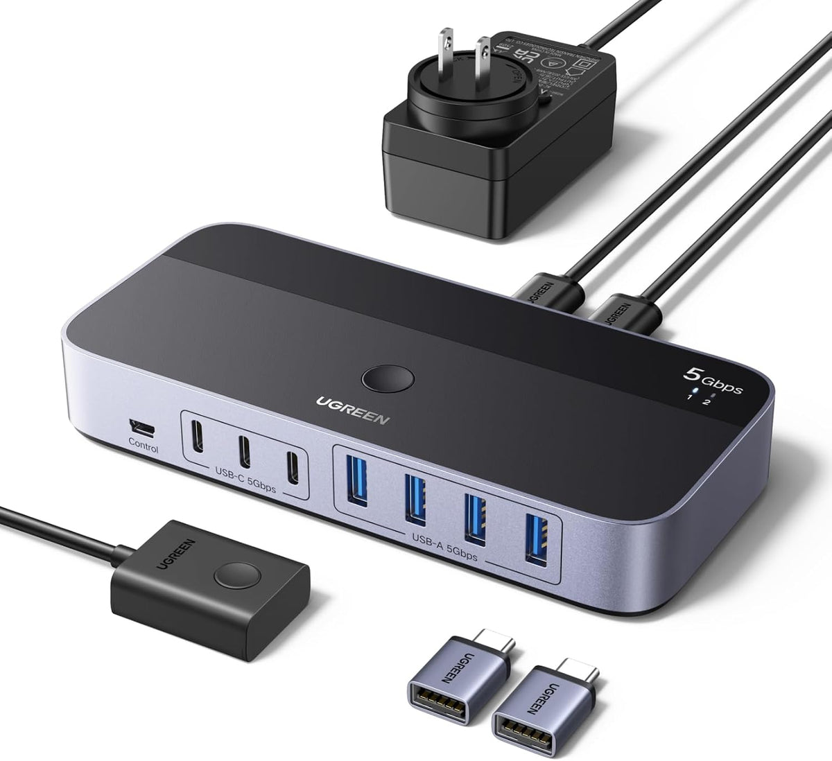 UGREEN Interruptor USB 3.0 de 2 entradas y 7 salidas, conmutador USB para compartir dispositivos USB A y C entre 2 computadoras (4USB-A + 3USB-C), interruptores USB para compartir teclado y ratón con
