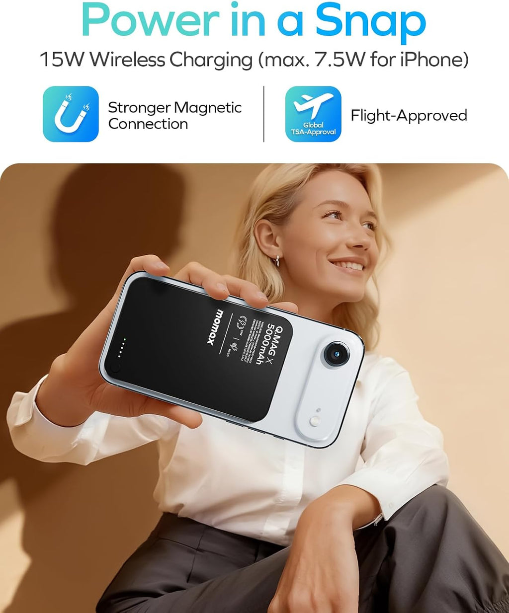MOMAX Banco inalámbrico magnético del poder, 5000mAh delgado 0,3" cargador
