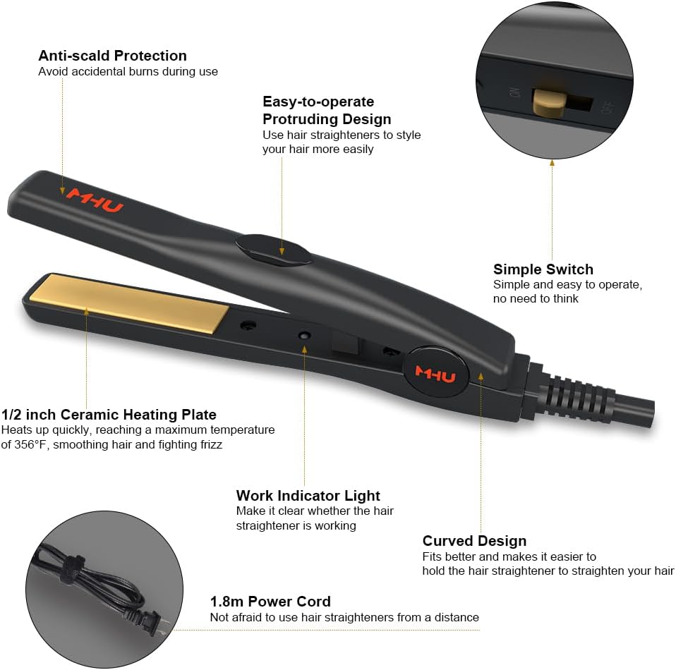 Mini plancha de pelo de 1\/2 pulgada para cabello corto\/rizos, pla...